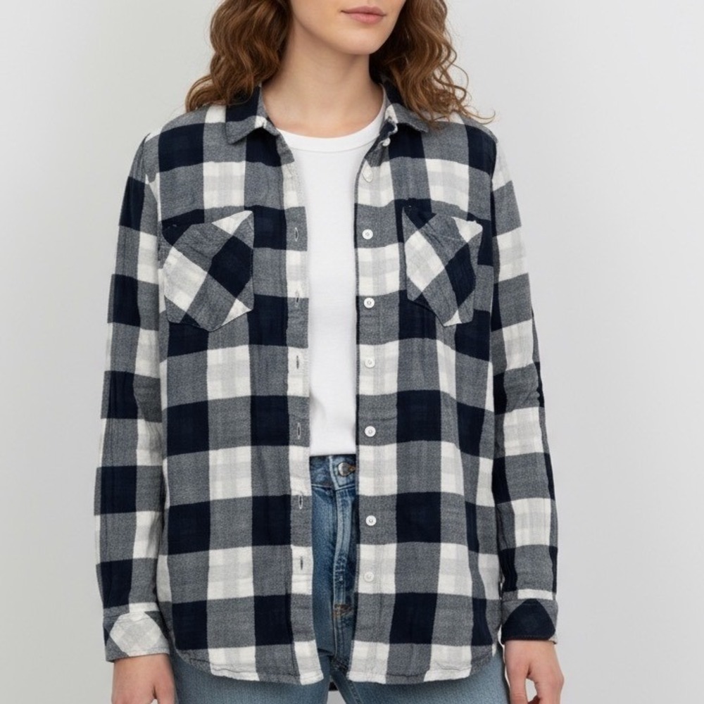 Thread & Supply Plaid Flannel Shirt Button Down Long Sleeve Navy Ivory M - Picture 7 of 8